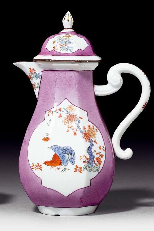 SMALL MILK JUG WITH QUAIL MOTIF, Meissen, circa 1740.With four-sided cartouches on both sides in purple enclosing quail motif on the front and Indianische Blumen on the back in Kakiemon style on purple ground.  The lid correspondingly decorated. Underglaze blue sword mark. H 16cm. The finial replaced. The lid edge with old restoration. Provenance: from a private collection, Solothurn