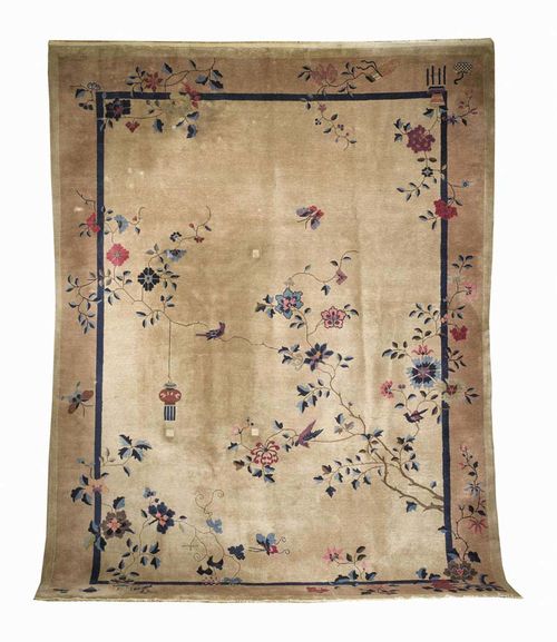 CHINA old. Beige central field, finely decorated with plants and birds. Slight wear. 390x302 cm.