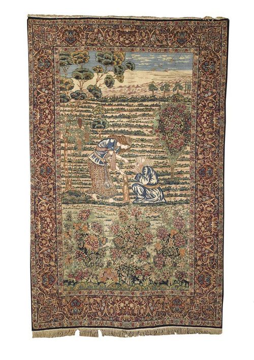 KIRMAN LAVER PICTORIAL CARPET old. Garden landscape with fine Biblical scene. Finely decorated with flowers and plants. Red floral border.  Good condition. 160x247 cm.