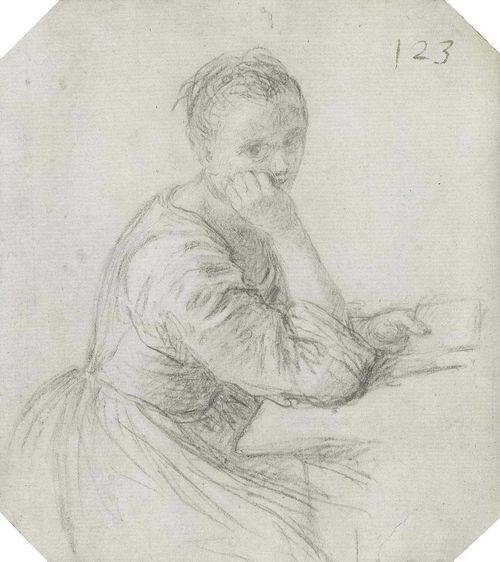 COOGHEN, LEENDER VAN DER (1610 Harlem 1681), attributed. Girl seated and resting her head in her right hand. Chalk drawing in black on lightly tinted paper. 12.8 x 14.4 cm (beveled corners). Contemporary numbering 123 in top right corner. On verso, later attribution: Rotari. Marked on the cover: The determination of the present drawing as a work from van der Cooghen was done by Max Friedländer... Framed. - Estate of Kurt Meissner Zurich.