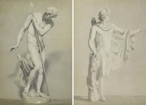FRENCH. Circa 1820. Lot of 2 drawings. Includes: 1. Apollo of Belvedere. Watercolour and pen and ink, Grisaille manner. 2. Antique statue of a warrior with a lance. Watercolour and pen and ink in Grisaille manner. Each one 55.7 x 38.6 cm. Both backed with cardboard at the time. Framed. - Estate of Kurt Meissner Zurich.