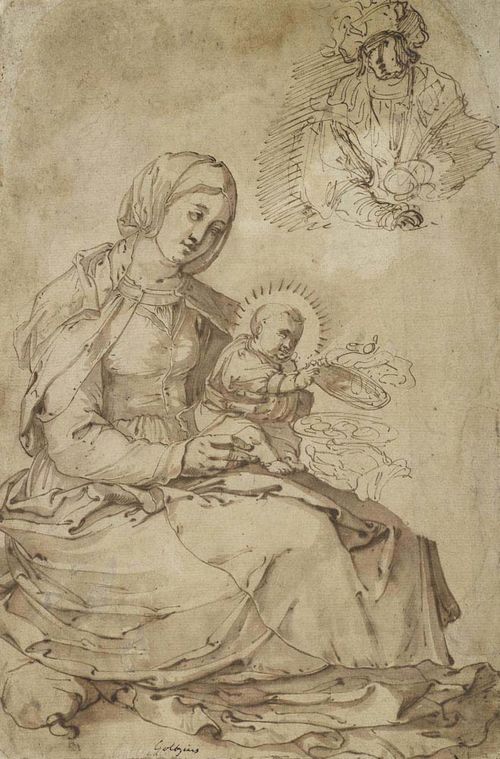 DUTCH. 1700's. Madonna with child and half-length sketch of a King. Brush drawing in brown. 27 x 18.1 cm. Marked in black pen on lower margin: Goltzius. On verso writing in Roman letters in black chalk. On the passepartout attributed to Nicolaes de Bryn. - Estate of Kurt Meissner Zurich.