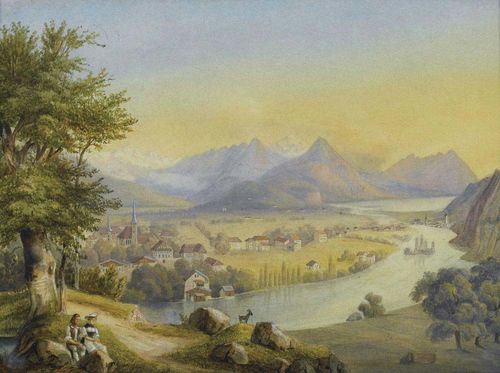 INTERLAKEN.- Winterlin, Anton, circa 1840. Gouache on Paper, 14.7 x 20 cm (image). Attributed and titled in pencil verso. Gilded frame. - Bright coloured etching. Idyllic veduta in very good condition.