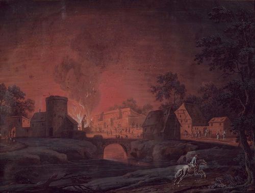 BLARENBERGHE, LOUIS- NICOLAS VAN (Lille 1716 - 1794 Fontainebleau).Fire at night in a city. Gouache, heightened with opaque white. The margin in black gouache, margin line in gold pen. Sheet size 17 x 22 cm. Verso old monogram in black pen: N.B.B. Gold frame. - Attractive condition. The paper slightly rippled in places. Verso remains of old mount.