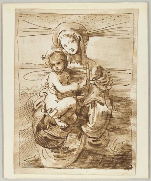 DURANTI, FORTUNATO (Montetefortino1787 - 1863), attributed.Madonna and Child. Pen in brown with brown wash. 30 x 22 cm. Verso: woman enthroned with child standing, with snake at their feet. Brown pen with some brown wash. Old wooden frame. Good condition.