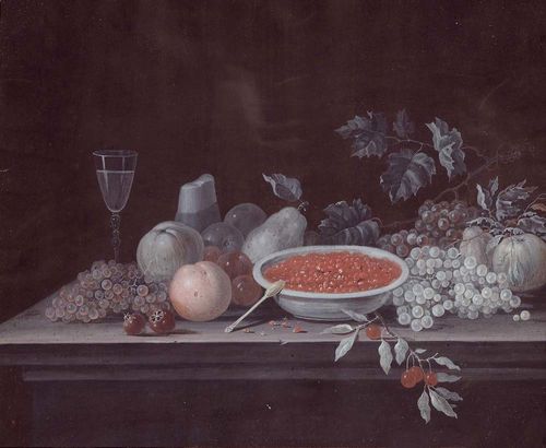 FRENCH SCHOOL.-18th century. Still life with wine glass and fruits. Gouache on paper. 19 x 23 cm. Old wood frame. - Good condition.