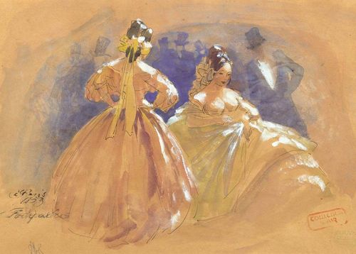 GUYS, CONSTANTIN ERNEST ADOLPHE HYACINTHE (Vlissingen 1802/1805 - 1892 Paris).Scene at a ball "Pourparlers", 1853. Pen in brown, watercolour and opaque white on brownish paper. 26 x 36.5 cm (image). Inscribed and dated lower left in pen.: Pourparlers a' Paris 1853. Numbered by another hand.: 278. Lower right two collectors' stamps:  Collection Nadar (Lugt 1928 and 1929). - Good condition.