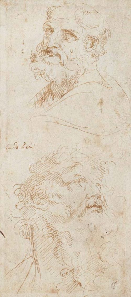 RENI, GUIDO (1575 Bologna 1642), attributed.Heads of two bearded men (two apostles?).  Pen in brown on wove paper. 20.4 x 9.1 cm. With old inscription on the centre of the left margin in pen: Guido Reni. Collector's stamp on lower right corner (unidentified). Framed. - Mounted verso on the margins on bronze coloured band. Minor foxing and browning. Good condition.