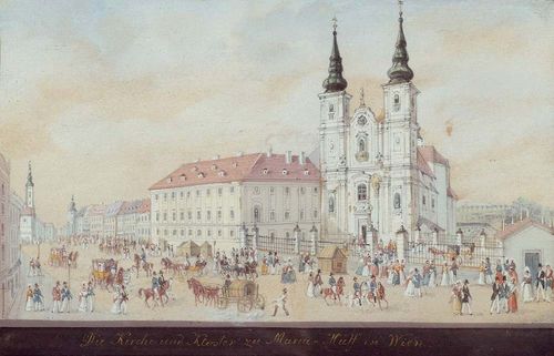 WIGAND, BALTHASAR (1771 Vienna 1846).The church and monastery Maria-Hülf in Vienna. Gouache on paper. 8.3 x 14.2 cm (Sheet size with inscription: 10 x 15 cm). Entitled centre bottom, signed right: Wigand. Old frame. - Good condition. Two small spots of foxing, minor fading and browning.