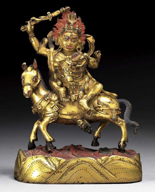 GILT BRASS BRONZE FIGURE OF LHAMO. Sino-Tibetan, 18th century.  H 17.5 cm. The plinth and figure not originally together. From a Swiss private collection