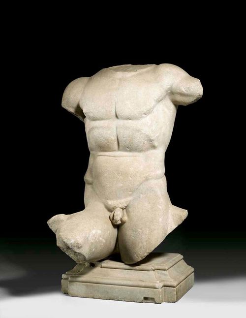 MALE TORSO,after the Greek model from 2nd century BC, Roman 2nd century. White marble, on moulded plinth. H with plinth 74 cm.
