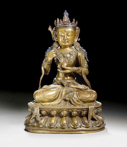 LARGE BODHISATTVA.Sino-Tibetan, 16th/17th century. H 33 cm. Originally gilt bronze figure, with blue-coloured hair, mouth and eyes also painted. The crown slightly restored, hair band damaged, plinth slightly warped at the side.