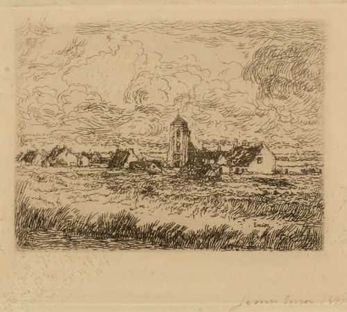 ENSOR, JAMES (1860 Ostende 1949).Petite vue de Mariakerke, 1899. Etching on cream-coloured Simili Japan paper. 10 x 14.8 cm. Engraved signature lower right in plate: Ensor. Signed and dated in pencil on lower plate edge: James Ensor 1899. Taevernier 117. Framed. – Very good condition. - Provenance: Collection of Dr. Trüssel, Bern.