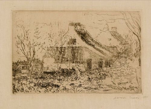 ENSOR, JAMES (1860 Ostende 1949).Maisonettes à Mariakerke., 1888. Etching, 7.2 x 10.2 cm (Sheet size 13.5 x 20.5 cm). Signed and dated in pencil lower right: James Ensor 1887 (!). Taevernier 54 II (of II). Framed. – Very good condition.  - Provenance: Collection of Dr.Trüssel, Bern.