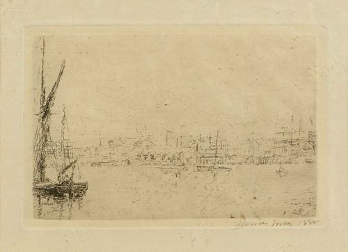 ENSOR, JAMES (1860 Ostende 1949).Vue du port d' Ostende, 1988. Etching on cream-coloured Simili Japan, 7.8 x 11.5 cm (Sheet size: 16 x 25 cm). Engraved signature lower right in the plate: Ensor. Signed and dated lower right in pencil: James Ensor 1888. Taevenier 39 I (of II). Framed. – Very fine impression. Tiny remains of glue from an old mount verso. Very good condition. Provenance: collection of Dr. Trüssel, Bern.