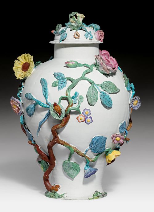 LIDDED VASE WITH APPLIED FLOWERS AND INSECTS,