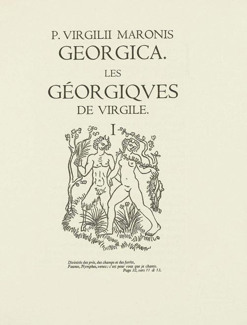 MAILLOL - VIRGILE. Les Géorgiques.Texte latin et version française par lAbbé Jacques Delille, gravures sur bois d'Aristide Maillol. 2 vols. Paris, Ph. Gonin, 1937-1943, pub 1950. Gr.-4to. [1] leaves, 174 p., [1] leaves; [1] leaves, 154 p., [1] leaves with 122 original woodcuts by A. Maillol. Loose sheets in original half vellum sleeves, original slip case. One of 750 numbered exemplars on vergé filigrané 'Maillol-Gonin'.- Good exemplar., slip case somewhat foxed.- From the private library of Gustav Zumsteg Literature: Monod 11339. Rauch 144. Garvey, The Artist and the Book 175. Guérin 159-213.