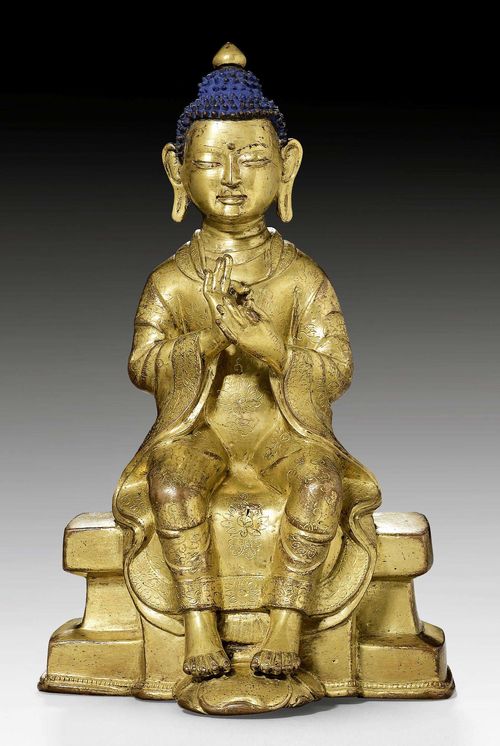 A GILT COPPER FIGURE OF MAITREYA SEATED IN EUROPEAN STYLE. Tibet, 16th/17th c. Height 18.5 cm.