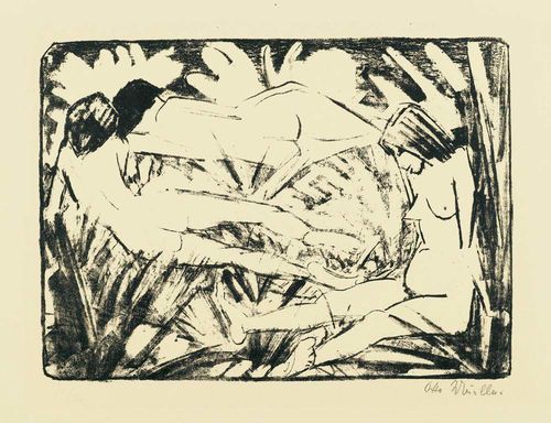 MUELLER, OTTO (Liebau 1874–1930 Breslau) Sitzendes and zwei liegende Mädchen im Gras (Drei Akte). 1922-1926. (one seated and two reclining girls in the grass–three nudes) Lithograph. Signed lower right: Otto Mueller. Image 31.5x42.5 cm on copper plate printing paper 42.0x53.4 cm. Image: 31 x 43 cm. Cat raisonné: Nierendorf No 126