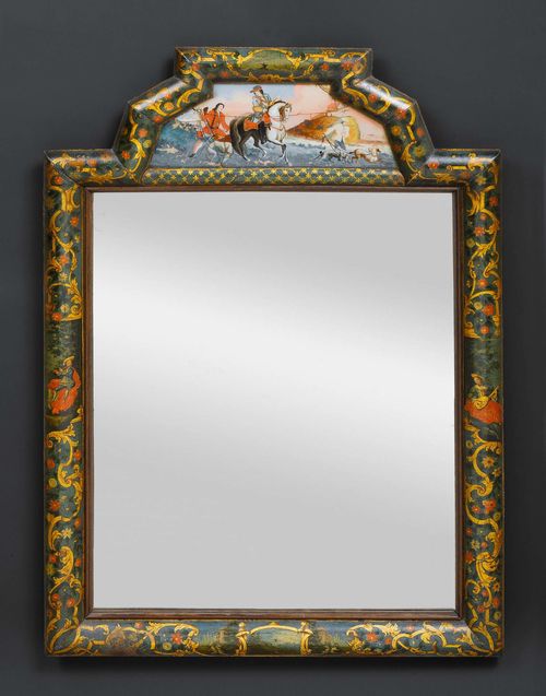 PAINTED MIRROR WITH REVERSE GLASS PAINTING,Baroque, probably the Netherlands circa 1760. Some losses, repair required. H 82 cm. W 57 cm.