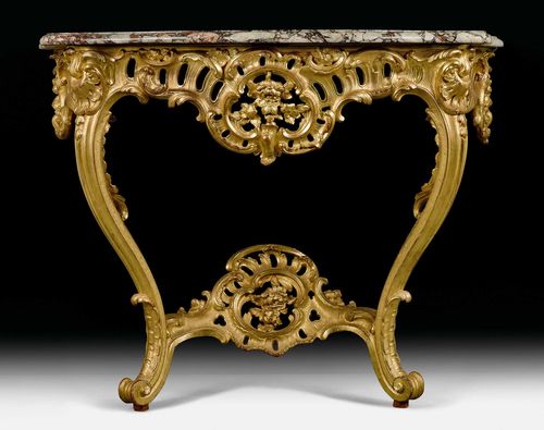 CONSOLE,Louis XV, by J.F. FUNK (Johann Friedrich Funk, 1706-1775), Bern circa 1760. Pierced and finely carved giltwood. Repaired "Marbre d'Oberhasli" top. With old inventory label.107x45x82 cm.