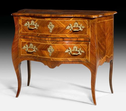 COMMODE,Louis XV, probably northern Italy circa 1760. Rosewood and tulipwood in veneer, inlaid with reserves and fillets. The front with 2 drawers. Bronze mounts. 98x48x80 cm.