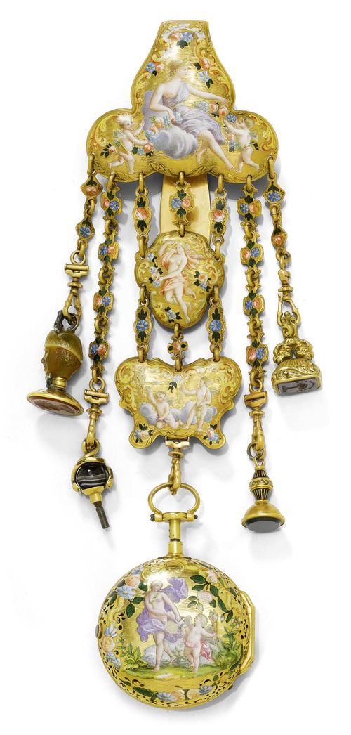 ENAMEL VERGE WATCH WITH CHATELAINE, 1/4 REPEATER, JULIEN LE ROY A PARIS, ca. 1760. Yellow gold. Fine clock and matching chatelaine with very fine, polychrome painted enamel in pastel colours on an engine-turned background. The back side of the case: a landscape with a scene of Diana accompanied by a cherub, the frame with volute, floral and leaf motifs. Enamelled dial, black Roman numerals, outer 60 minute division, Louis XV hands, key winder at 2h. Fire-gilt verge escapement with fusee and chain, florally open-worked cock, 1/4 repeater, signed J.n. Le Roy a Paris. Does not run, probably resinified. D 46mm. - Three-part gold chatelaine, numbered 2771. Four enamelled chain parts with 3 signets and 1 key.