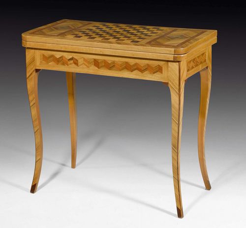 GAMES TABLE,Louis XV, West Switzerland, 18th century. Walnut, plum, pearwood and other local fruitwoods in veneer with  inlays. Hinged top lined inside with green felt, on an expandable frame. 78x40x(open 80)x75 cm. Provenance: from a highly important Swiss private collection.