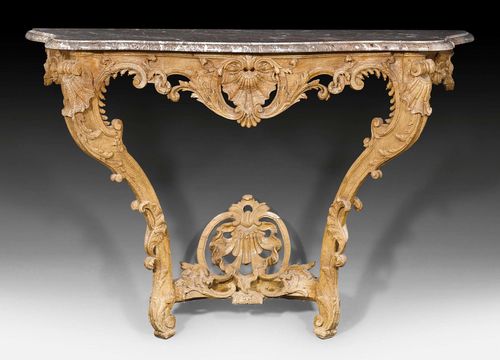 CONSOLE,Louis XV, Paris circa 1760. Pierced and finely carved oak. Shaped "Griotte Rouge" top. 1 leg repaired. 114x49x82 cm. Provenance: from a highly important Swiss private collection.