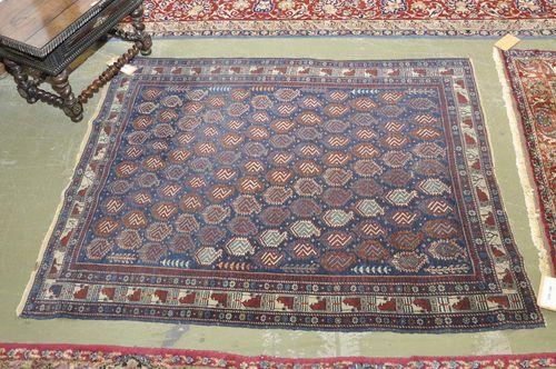 SHIRVAN antique.Blue ground, patterned throughout with boteh motifs, white edgings, signs of wear, 120x145 cm.