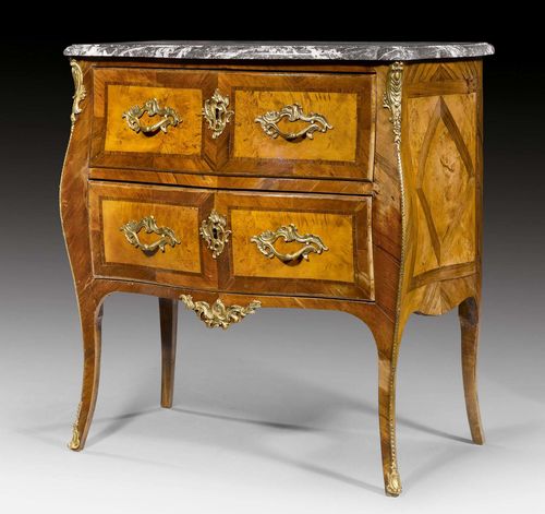 SMALL COMMODE,Louis XV, Paris circa 1760. Tulipwood and rosewood in veneer, inlaid with reserves and fillets. Front with 2 drawers. Gilt bronze mounts and sabots. Shaped "Gris St. Anne" top. Some restoration required. 75x44.5x82 cm. Provenance: from a highly important Swiss private collection.