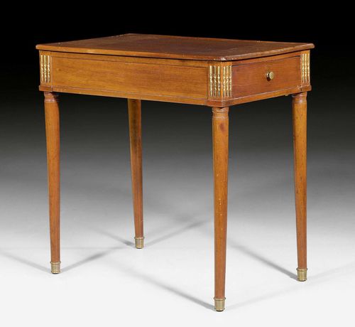 MAHOGANY SALON TABLE,Louis XVI, Paris circa 1790. 1 drawer on the side. Gilt bronze mounts and sabots. 63x36x39 cm. Provenance: from a highly important Swiss private collection.