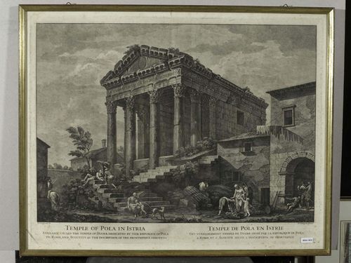CUNEGO, DOMENICO (Verona 1727-1794 Rome).Temple of Pola in Istria/ Temple de Pola en Istrie. Etching after Charles-Louis Clerisseau. Rome, circa 1760. 46.5 x 60 cm (Plate). Framed. – Somewhat foxed. Strong impression.