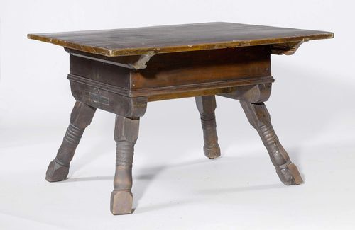 CHANGER TABLE,late Baroque, from the Alpine region, 19th century. Pinewood, stained dark. Rectangular, slidable top, legs turned in part. 100x104x74 cm.