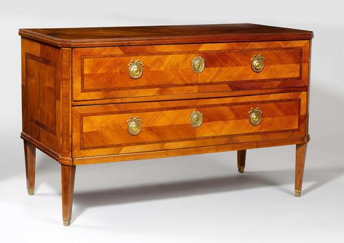 COMMODE, Louis XVI, Southern German. Cherry and walnut, inlaid with fillets. Rectangular body with tall legs, 2 drawers. Gilt bronze mounts. 130x64x82 cm.