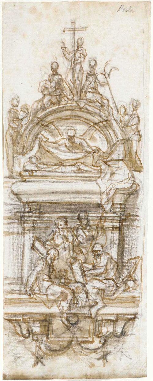 Attributed to PIOLA, PAOLO GEROLAMO (1666 Genoa 1724) Design for a wall monument (gravestone). Pen and brush in brown, over black chalk. Old inscription upper right in brown pen: Piola 27.8 x 10.5 cm. Framed.