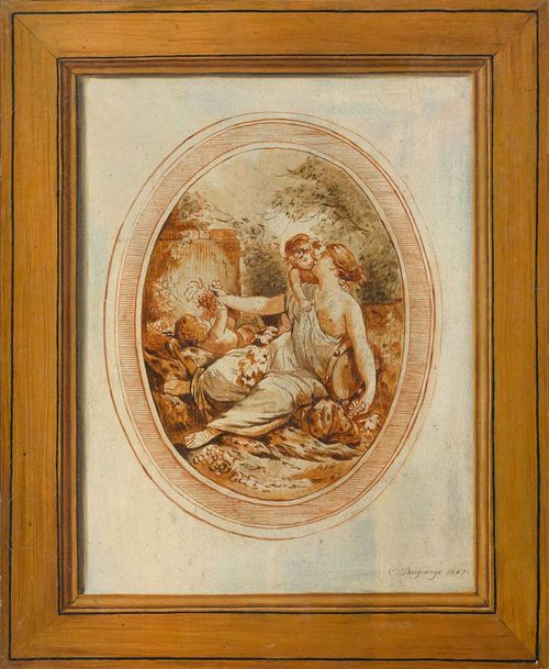 DESGRANGE, JEAN-BAPTISTE CHARLES (1821 Paris circa 1868) Venus hands grapes to a putto. 1849. Soft ground etching and oil on canvas. Signed and dated lower right: C. Desgrange 1849. 46 x 38 cm. Framed. Provenance: Private collection , Robert Noortman, Belgium