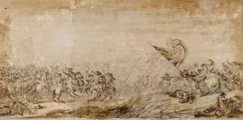 SIMONINI, FRANCESCO (Parma 1686 - circa 1753 Florence or Venice) Equestrian battle before a city. Pen and brush in brown with black crayon. On hand-made paper laid on canvas, with old mount on stretcher. Old inscription on stretcher: Simonini di Firence. 48 x 96 cm. Framed. Provenance: - Château d'Allaman, Pays de Vaud, Switzerland - Via inheritance to the current Swiss private collection