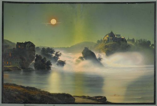 Attributed to BLEULER, JOHANN LUDWIG (Feuerthalen 1792 - 1850 Laufen),Der Rheinfall von Schaffhausen bei Nacht. (Schaffhausen falls by night) Gouache, 33 x 48 cm. Outer line in black pen, with grey gouached margin. Old inscription verso in pencil: by Lud. Bleuler, W. S. Sterling Stradford. - some discolouration of the central fold and some small areas of foxing, mostly in the margins. Overall still good condition.