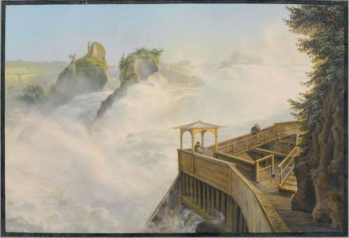 Attributed to BLEULER, JOHANN LUDWIG (Feuerthalen 1792 - 1850 Laufen), Der Rheinfall von Schaffhausen bei Tag. (Schaffhausen falls by day) Gouache, 33 x 48 cm. Outer line in black pen, with grey gouached border. Verso old inscription in pencil : W.S.Stirling Strawford by Lus. Bleuler. Rhin falls. - Minor discolouration of the central fold, some minor foxing. Overall in good condition.