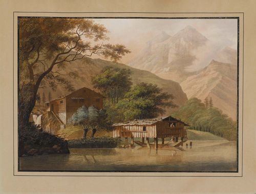 Attributed to BLEULER, JOHANN LUDWIG (Feuerthalen 1792 - 1850 Laufen).Fishing huts at Lake Brienz. Etching with original colour. 39.5 x 55 cm. Outer line in black pen.
