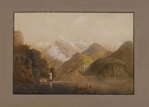 BLEULER, JOHANN LUDWIG (Feuerthalen 1792 - 1850 Laufen).Capelle Tellen Platten, at Lake Lucerne. Gouached aquatint, 32.5 x 48.5 cm. Black outer line and grey-brown gouached border. Entitled and signed lower left in brown pen: Bleuler. - Some even browning.