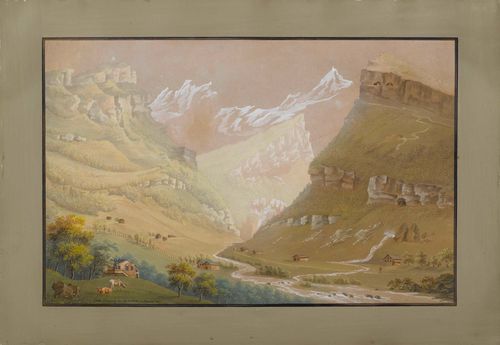 BLEULER, JOHANN LUDWIG (Feuerthalen 1792 -1850 Laufen).Der Eingang ins Alpseethal, 1811 (Entry into Alpseethal). Gouache over grey pen. 33 x 50 cm. Outer line in brown pen, grey gouached border. Entitled, signed and dated lower left in brown pen: Bleuler 1811.