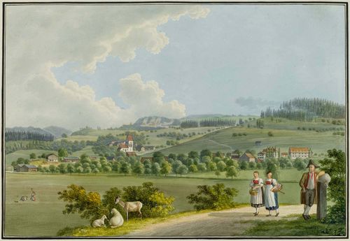 SCHMID, DAVID ALOIS (1791 Schwyz 1861).Landscape in the East of Switzerland, with two peasant girls and peasant in the foreground. Watercolour, pen and black crayon. 26.5 x 38 cm. Black pen outer line. Broad margin around the image. Margin slightly browned. Overall fine condition and fresh colour.