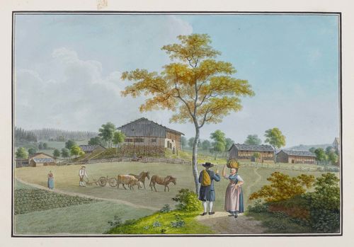 SCHMID, DAVID ALOIS (1791 Schwyz 1861).Landscape in Thurgau with farmhouses in the foreground with peasants at the plough. Watercolour, pen and black crayon. 26.5 x 39 cm. Old inscription in pencil at the bottom of the sheet: Thurgau. - Scattered tears in the broad margins, one of which reaches just up to the image. Image with minor browning in parts. Overall good condition with fresh colour.