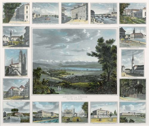 ZURICH.-Jakob Suter (1805-1874) and Paul Julius Arter (1797-1839). Zurich from the North. Circa 1835. Aquatint etching with original colour, 36 x 43.5 cm Gold frame. - Fine group print with sixteen margin images of the most important buildings of the city of Zurich. Very good condition.