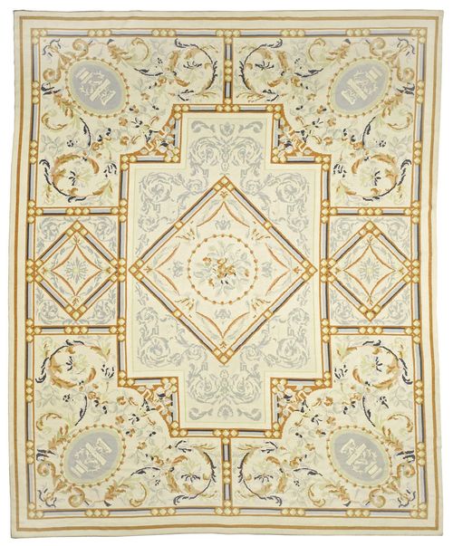 EUROPEAN CARPET.Beige ground with a central medallion, patterned with stylized tendrils in delicate pastel colours, 364x460 cm.