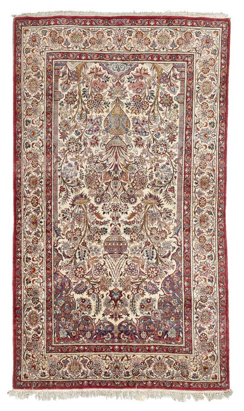 KESHAN PRAYER, SILK old.White mihrab opulently patterned with floral motifs in delicate pastel colours, white border, 137x219 cm.