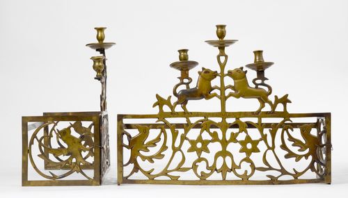 PAIR OF LATTICES WITH CANDLESTICKS,