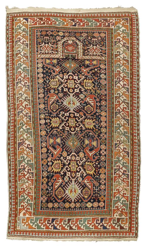 SHIRVAN PRAYER antique.Black central field geometrically patterned, white border, good condition, 114x180 cm.